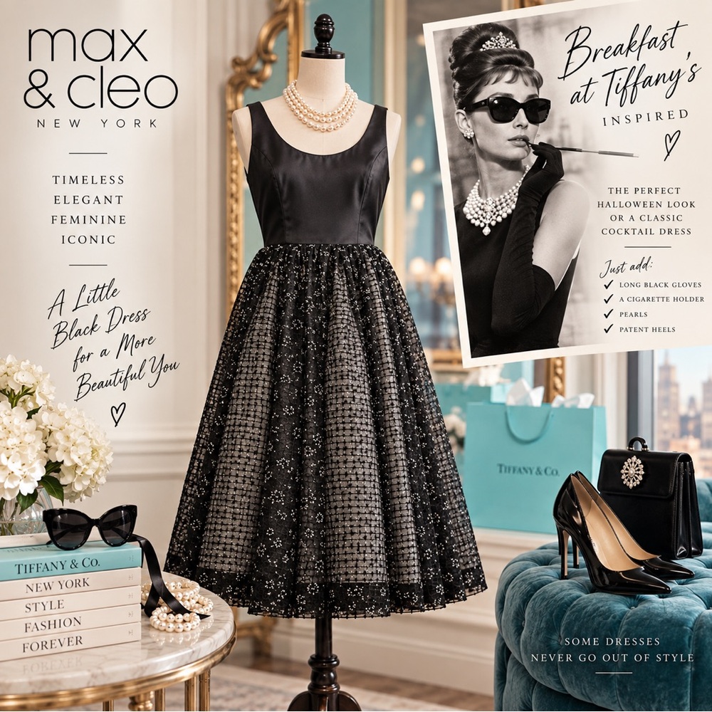 Max & Cleo Black Lace Fit & Flare Cocktail Dress Tulle Audrey Hepburn Glam 👗